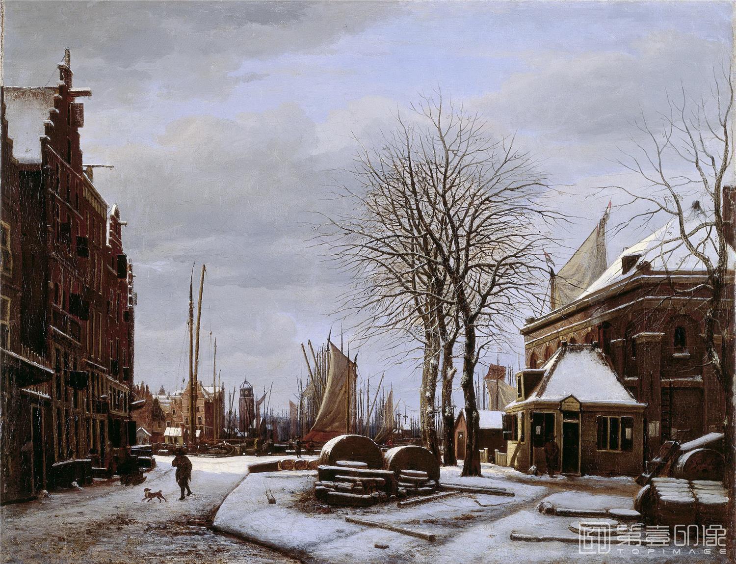 油画-荷兰阿姆斯特丹国家美术馆-Westenberg George Pieter De Slijpsteenmarkt in Amsterdam met het gebouw ’Het Zeerecht’ in de winter 1817